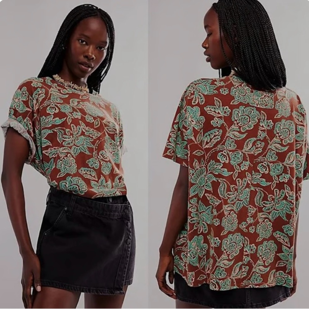 We The Free Brown and Green Floral Patterned Nina Tee 100% Cotton